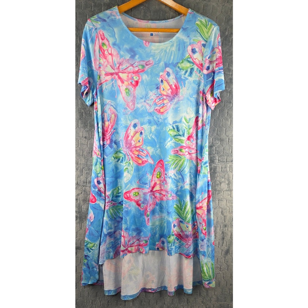 Art & Sol Womens Butterfly Tropical Print High-Low Shift Dress Blue Pink Large